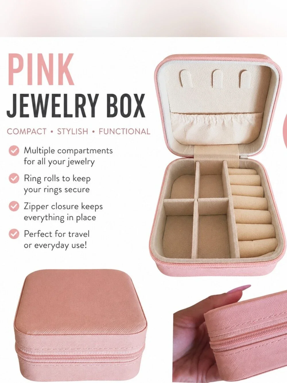 Pink Travel Jewelry Box Organizer | Velvet Interior | Compact Storage Case